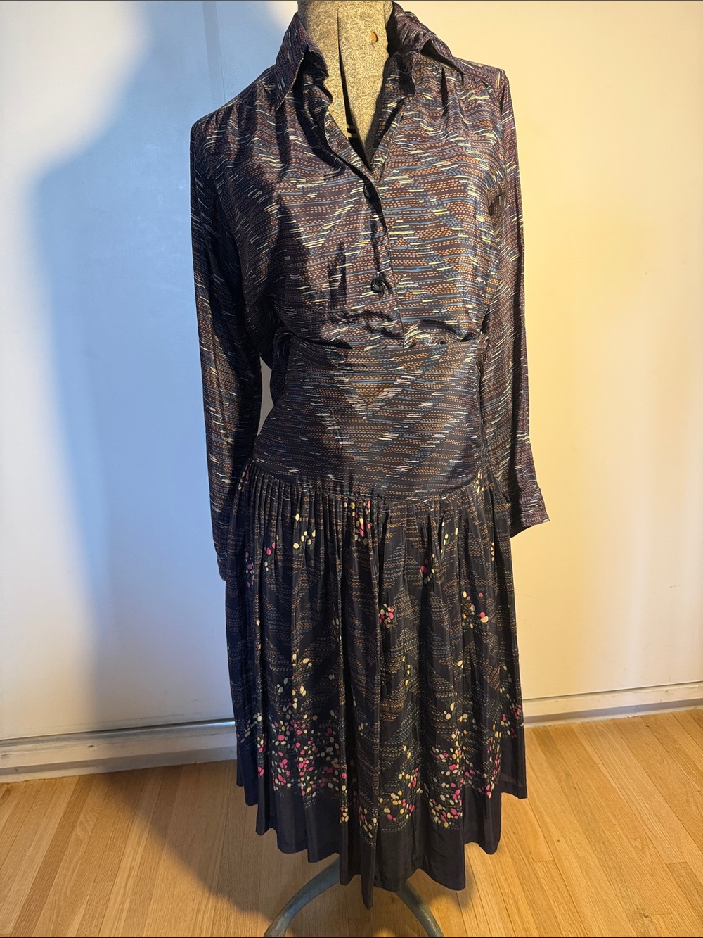 Long Sleeve Navy Floral-Detail Midi Dress